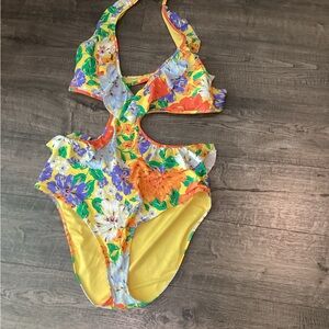 Aerie Floral Cutout One-Piece Swimsuit Women's Size XL NWT Orange Tropical Print